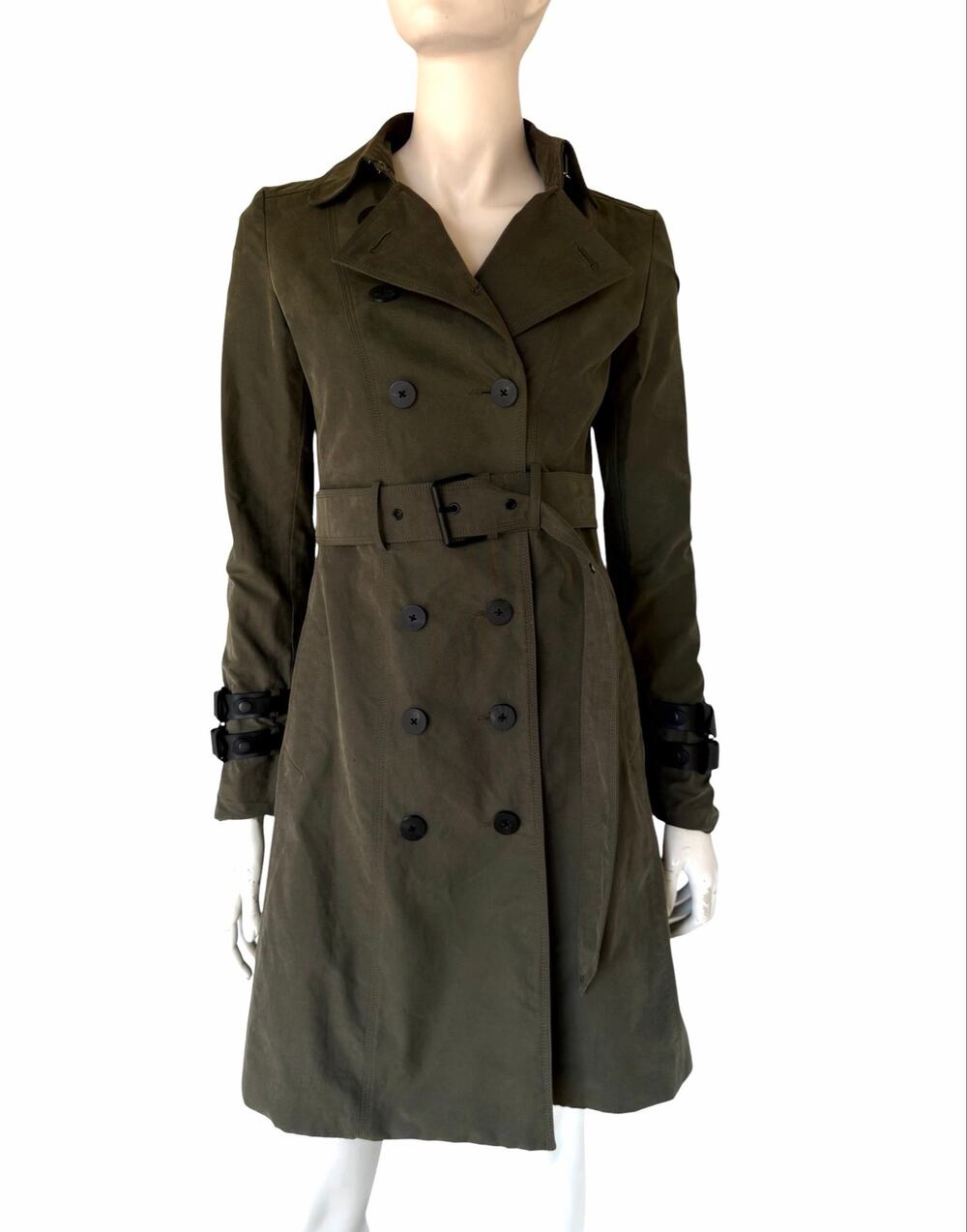 LAMARQUE dark olive trench coat w leather buckles detail sz XS/S